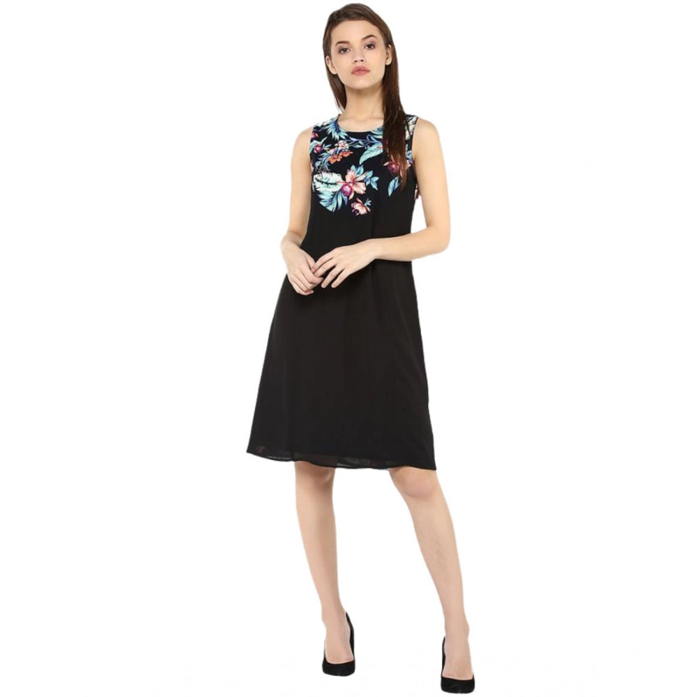 Snuggle Spot Women's Polyester Printed Sleeveless Above Knee Dress (Black - Multicolor)