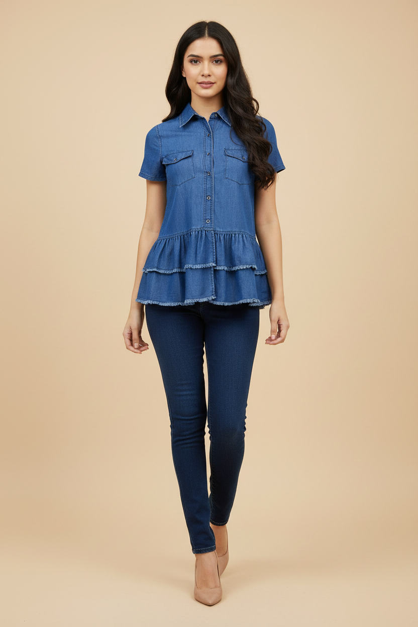 Snuggle Spot Women's Denim Peplum Short Sleeve Top (Blue)