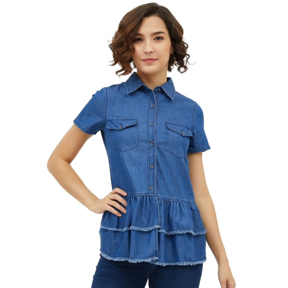 Snuggle Spot Women's Denim Peplum Short Sleeve Top (Blue)