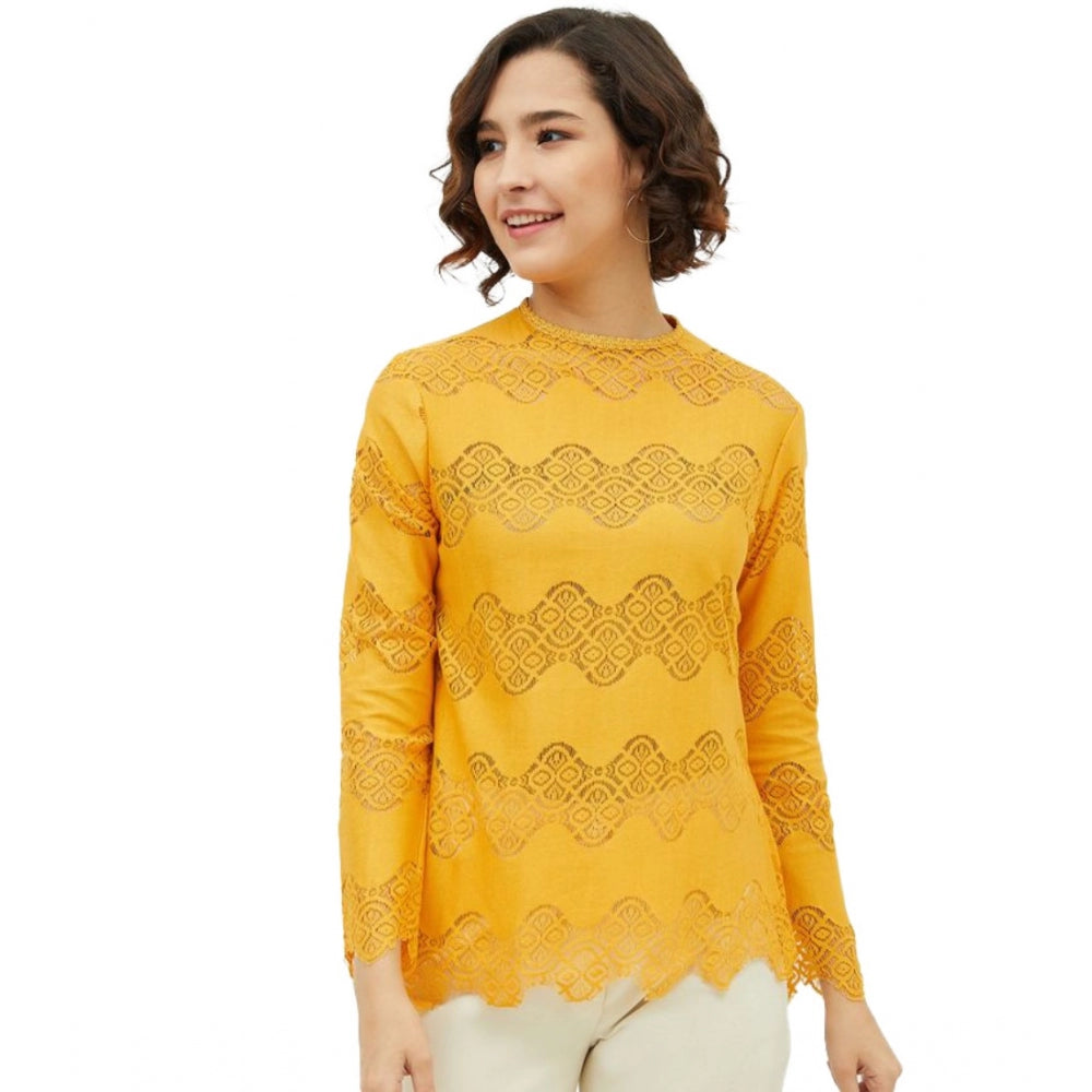 Snuggle Spot Women's Cotton Lace Inserts Long Sleeves Top (Yellow)