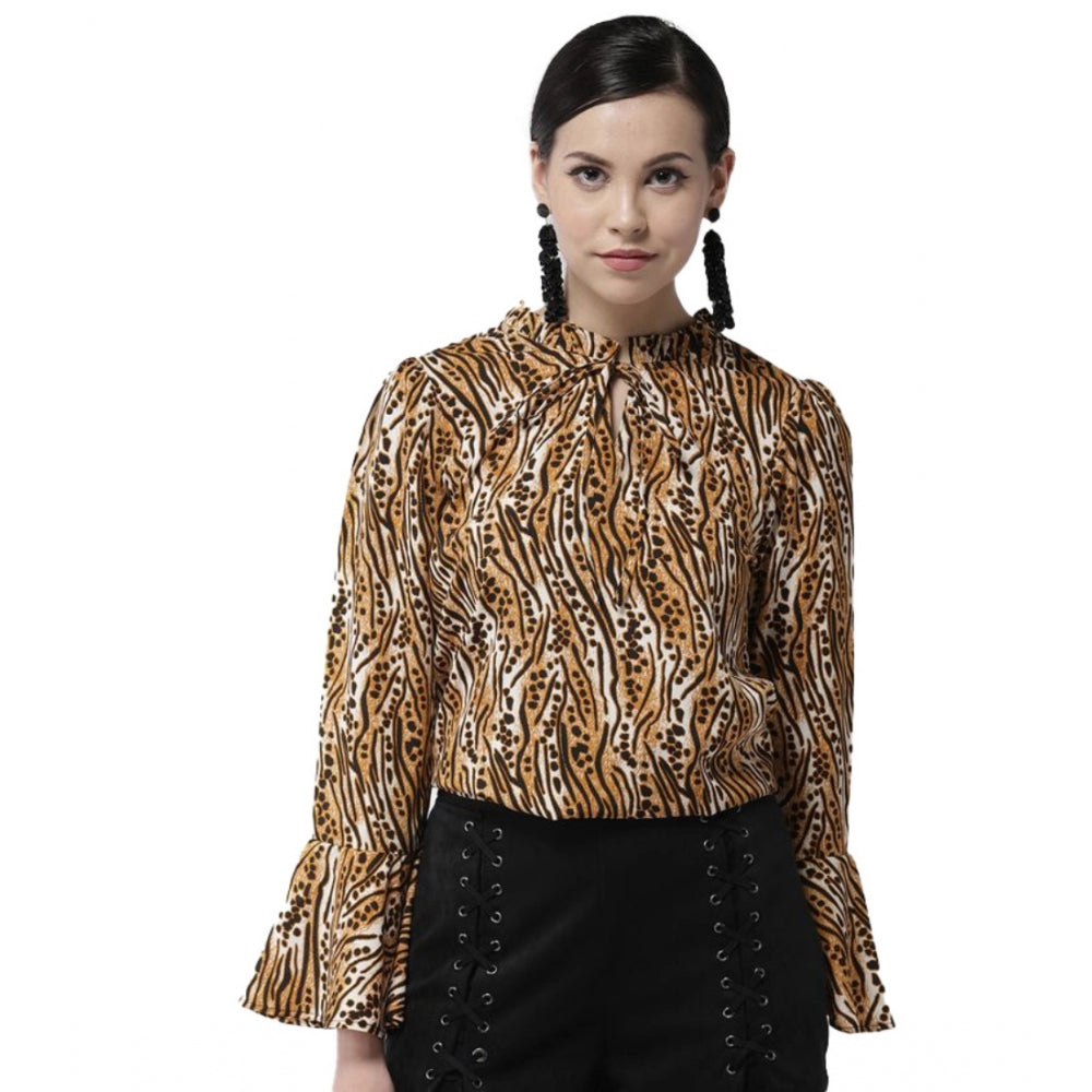 Snuggle Spot Women's Polyester Printed Bell Sleeve Top (Orange - Black)