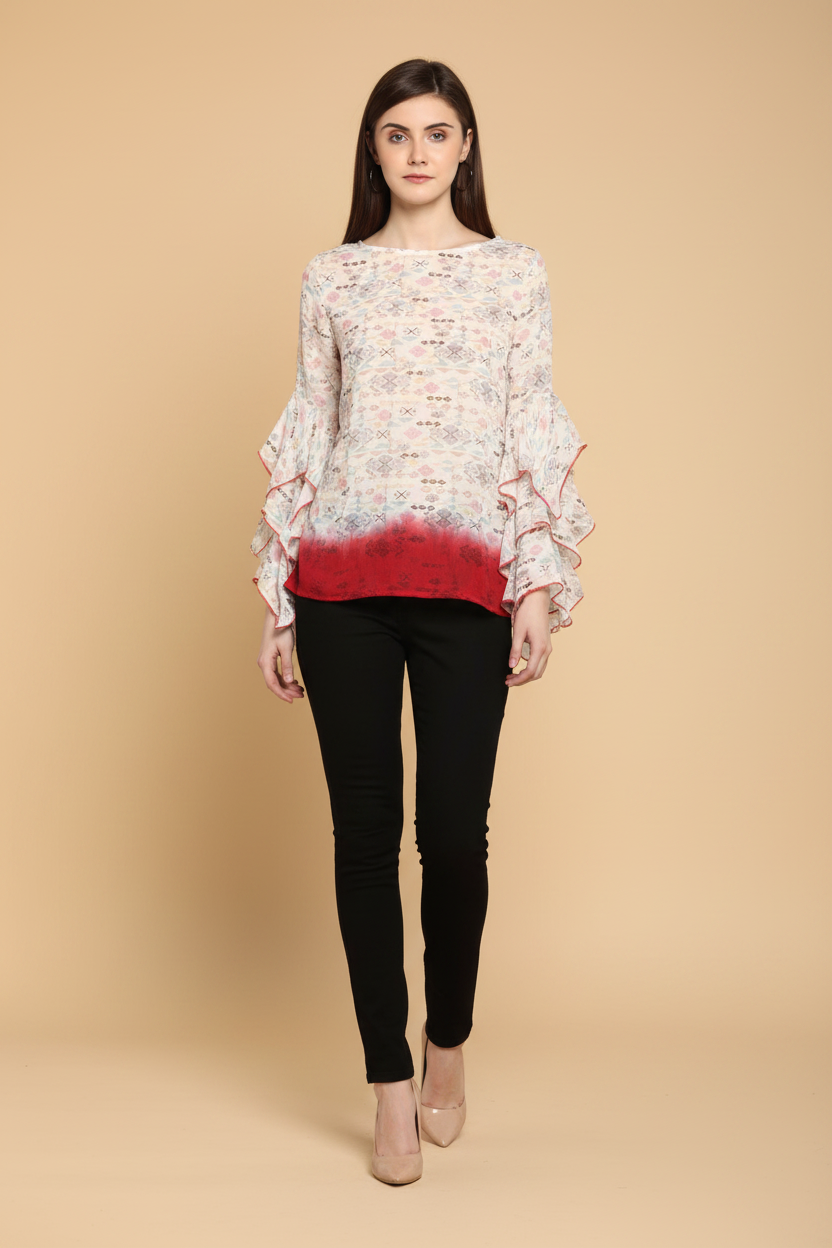 Snuggle Spot Women's Rayon Crepe Printed Ruffle Sleeve Top (Off White - Red)