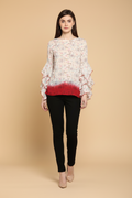 Snuggle Spot Women's Rayon Crepe Printed Ruffle Sleeve Top (Off White - Red)