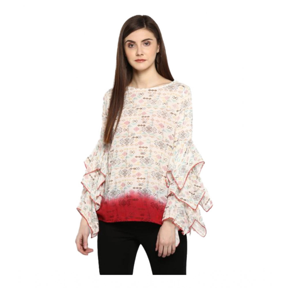 Snuggle Spot Women's Rayon Crepe Printed Ruffle Sleeve Top (Off White - Red)