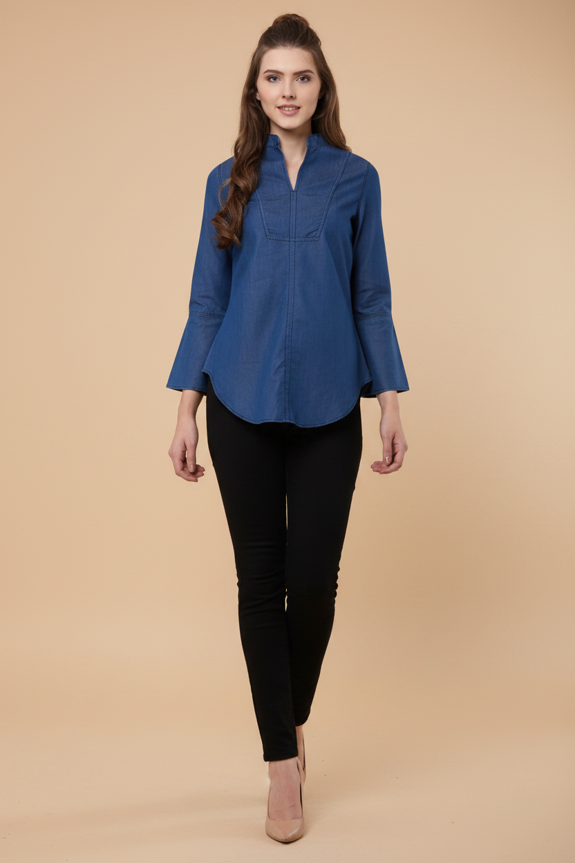 Snuggle Spot Women's Denim Solid Bell Sleeve Regular Top (Blue Denim)