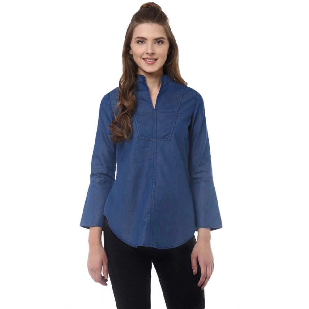 Snuggle Spot Women's Denim Solid Bell Sleeve Regular Top (Blue Denim)