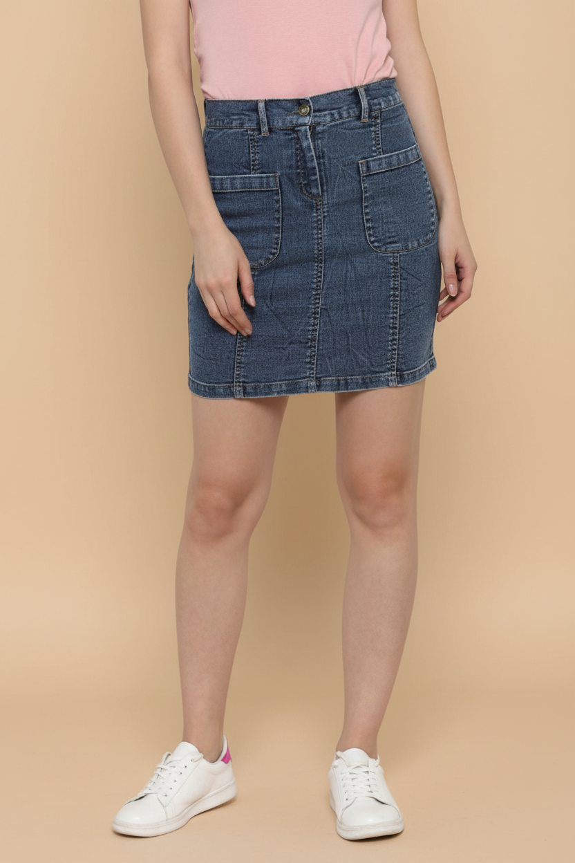 Snuggle Spot Women's Denim Front Pocket Buttoned Skirt (Blue)