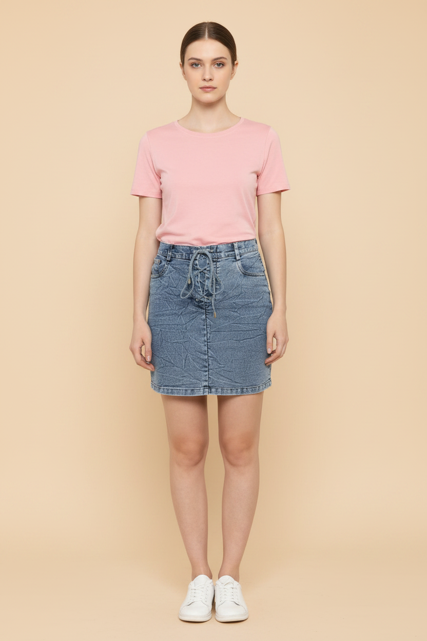 Snuggle Spot Women's Denim Draw String Buttoned Skirt (Blue)