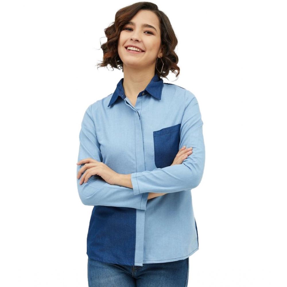 Snuggle Spot Women's Denim Patch Work Long Sleeves Standard Length Shirt (Blue)