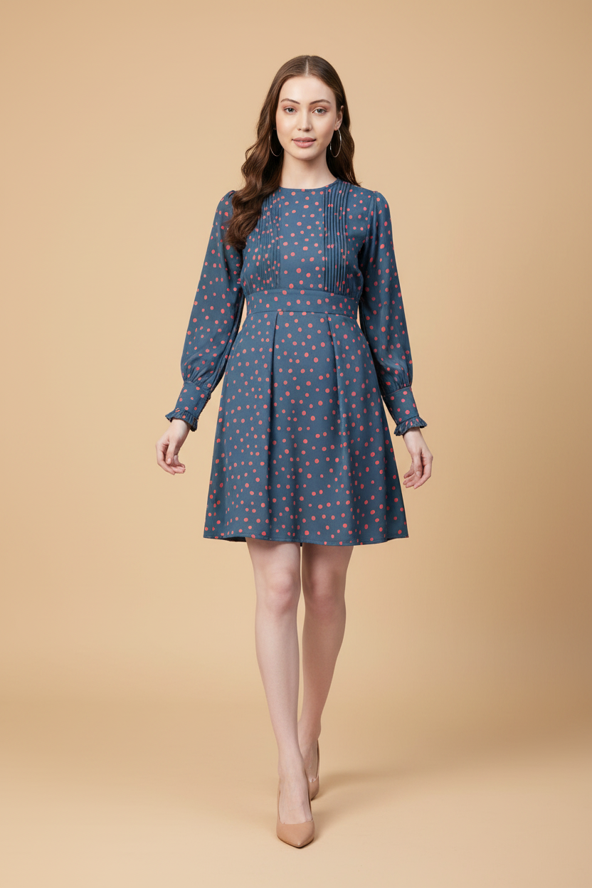Snuggle Spot Women's Polyester Polka Long Sleeves Above Knee Dress (Grey - Coral)