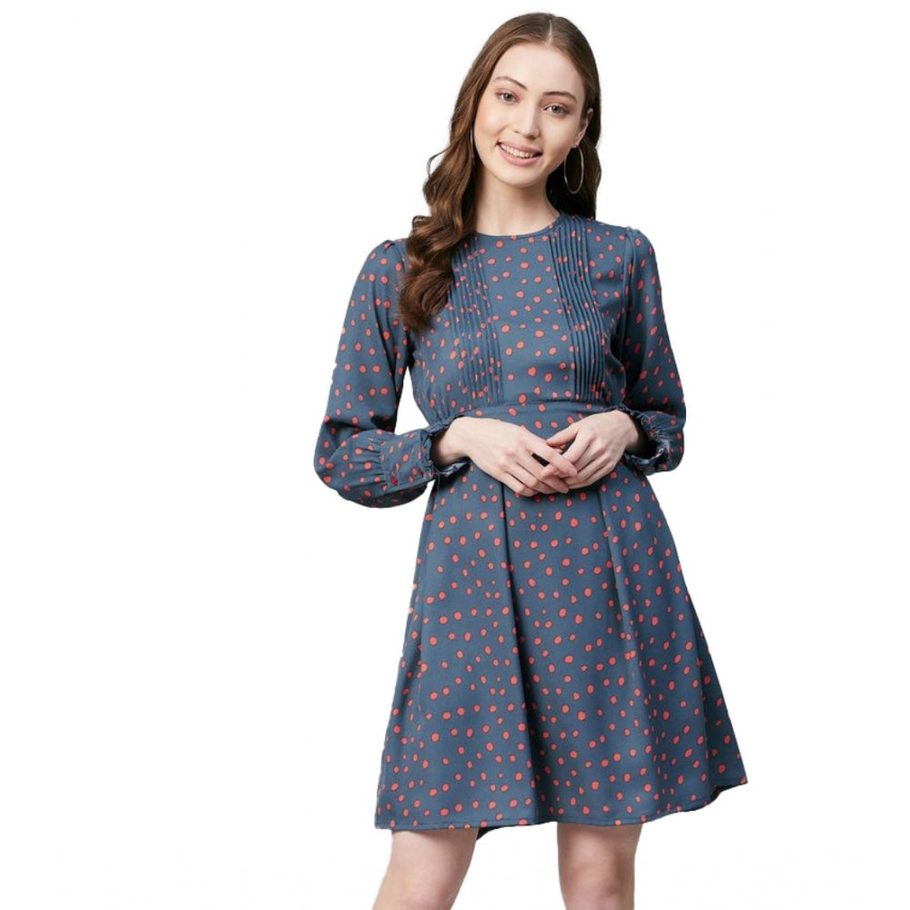 Snuggle Spot Women's Polyester Polka Long Sleeves Above Knee Dress (Grey - Coral)