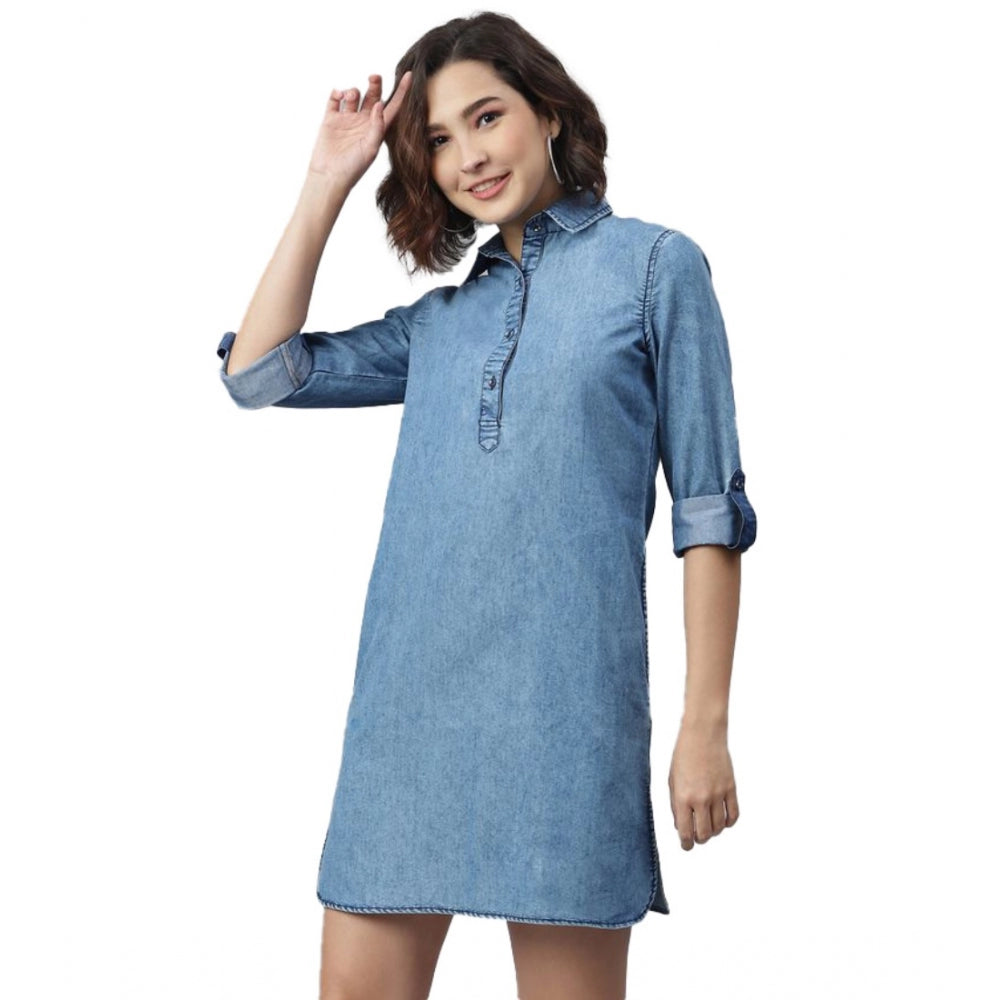 Snuggle Spot Women's Denim Solid Long Sleeves Above Knee Dress (Ice Blue)