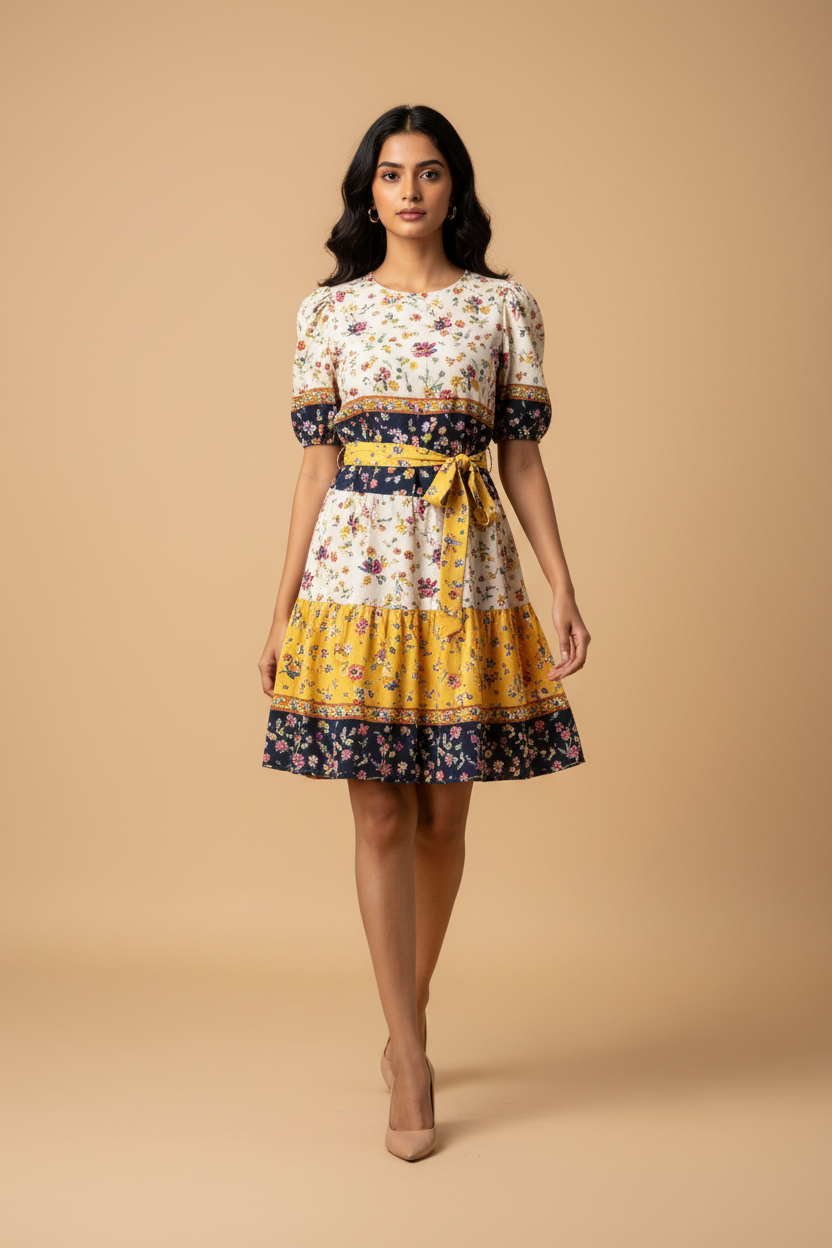Snuggle Spot Women's Polyester Floral Flutter Above Knee Dress (Multicolor)