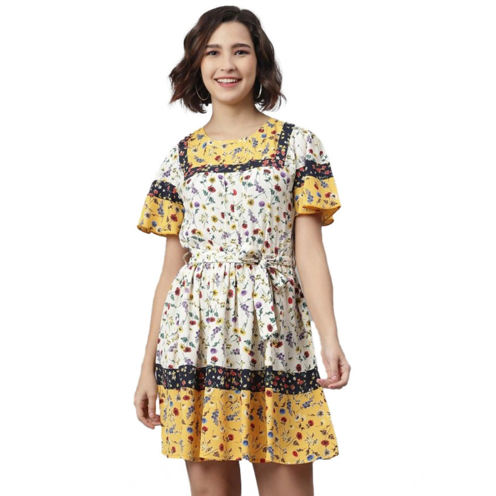 Snuggle Spot Women's Polyester Floral Flutter Above Knee Dress (Multicolor)