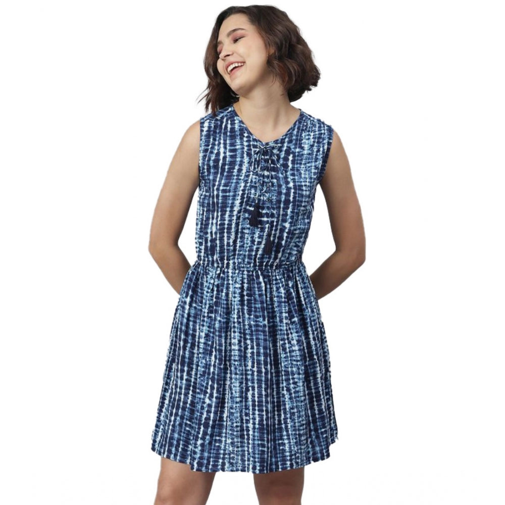 Snuggle Spot Women's Rayon Tie &amp; Dye Sleeveless Above Knee Dress (Blue)