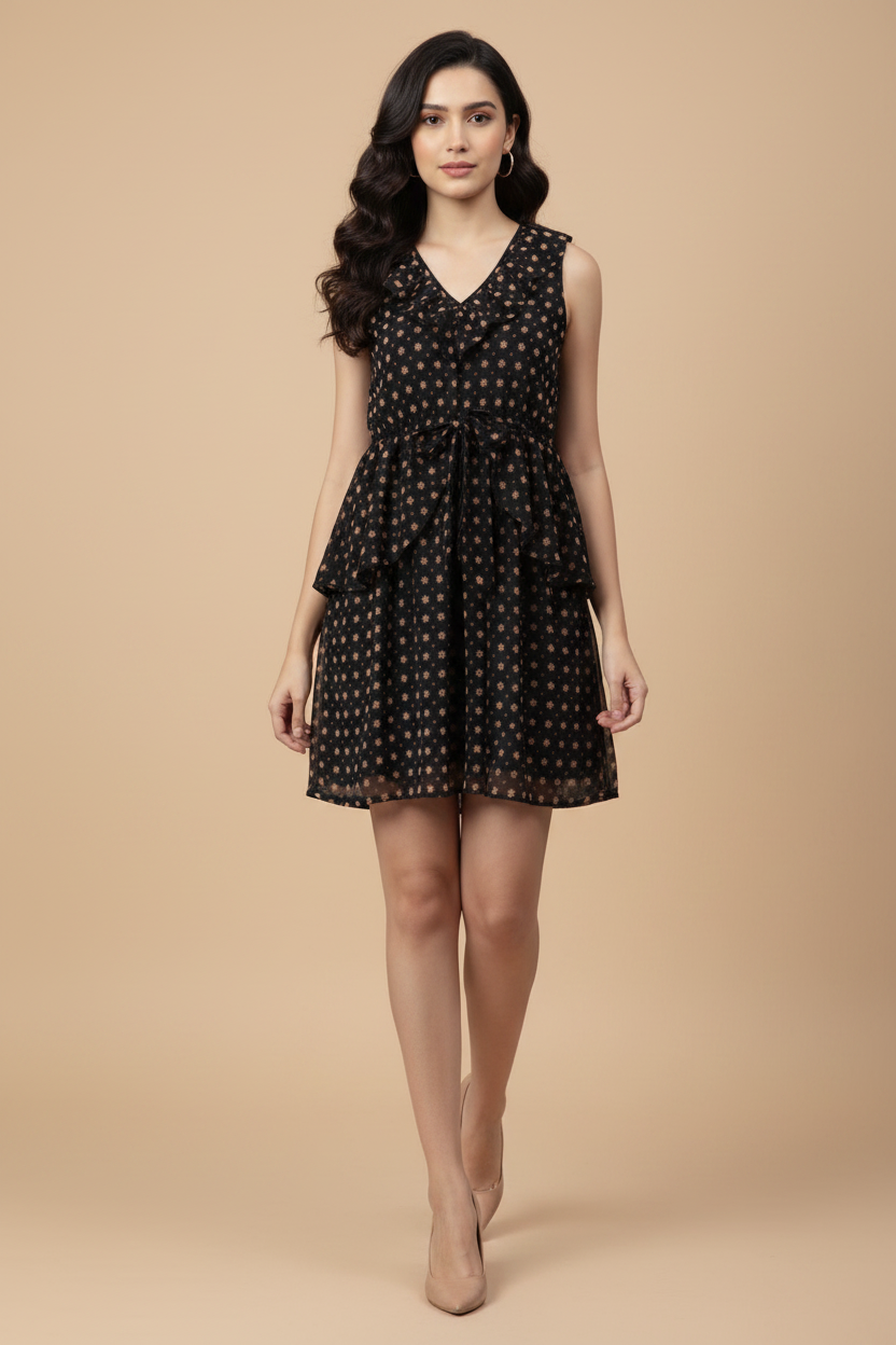 Snuggle Spot Women's Polyester Peplum Sleeveless Above Knee Dress (Black)