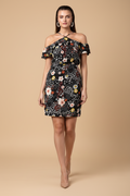 Snuggle Spot Women's Polyester Floral Cold Shoulder Above Knee Dress (Black)
