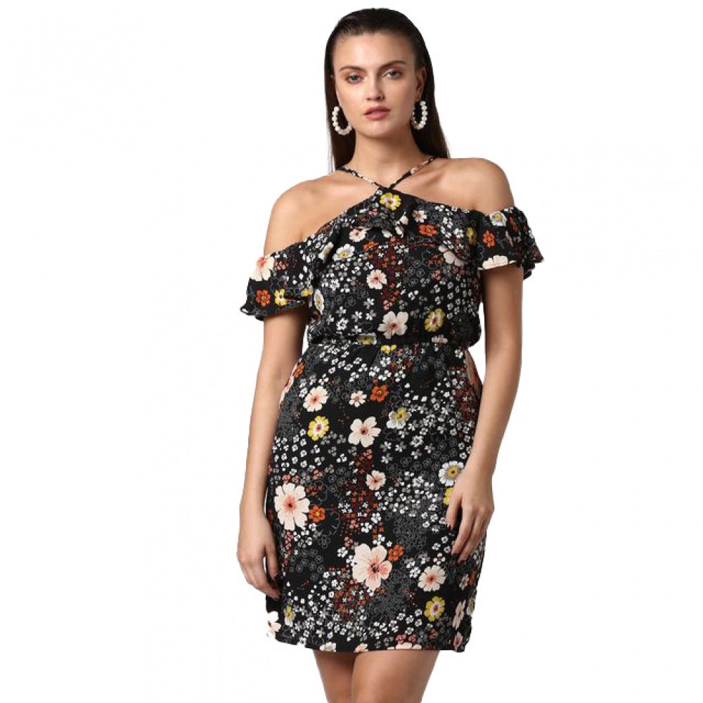 Snuggle Spot Women's Polyester Floral Cold Shoulder Above Knee Dress (Black)