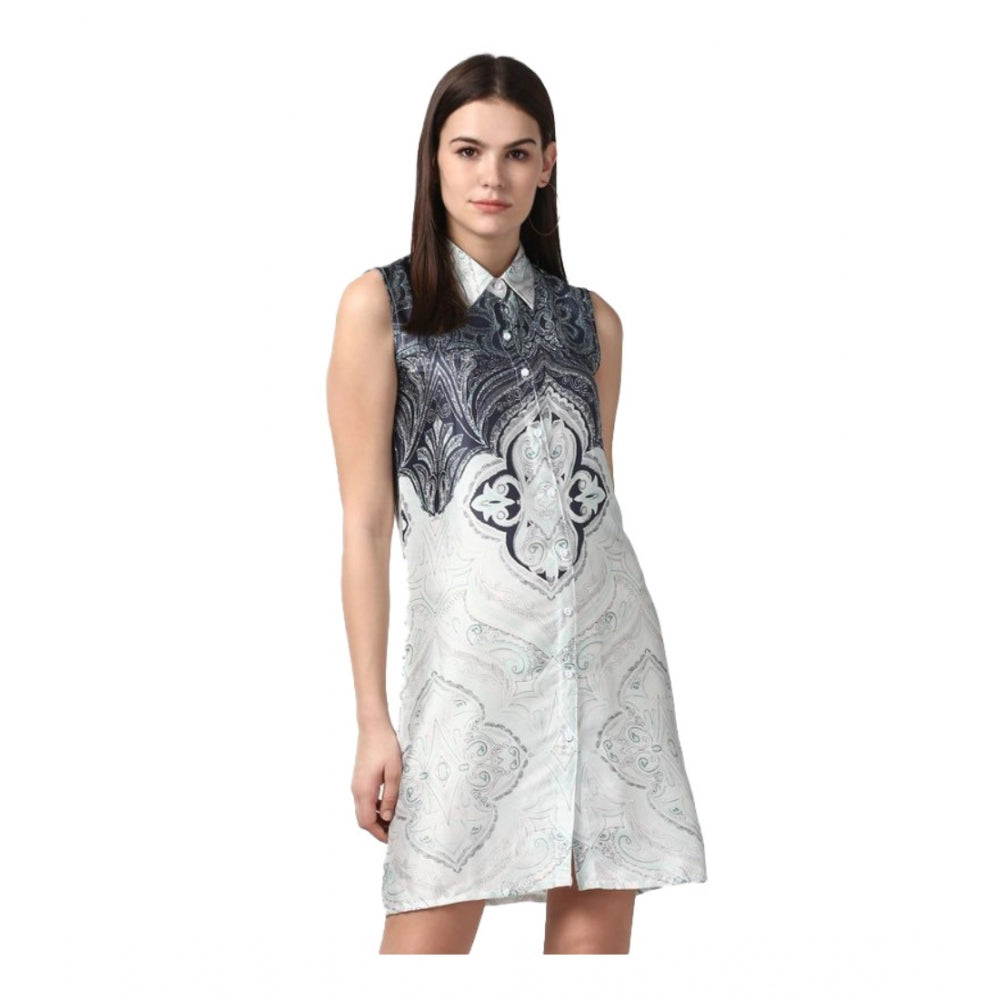 Snuggle Spot Women's Polyester Printed Sleeveless Above Knee Dress (Blue)