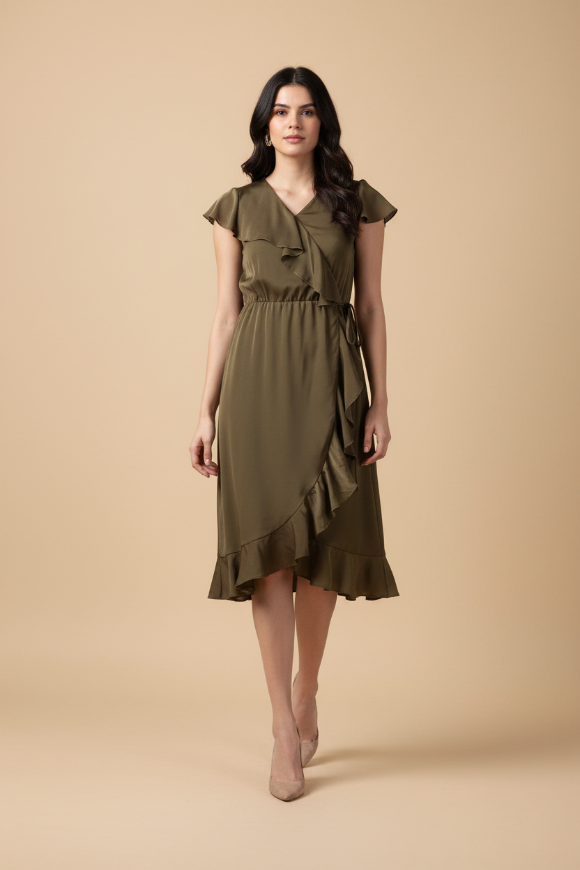 Snuggle Spot Women's Polyester Ruffled Cap Sleeve Knee-Length Dress (Olive)