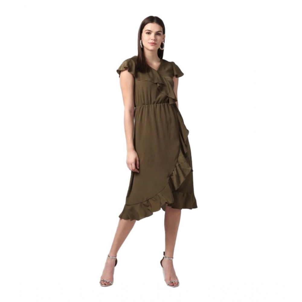 Snuggle Spot Women's Polyester Ruffled Cap Sleeve Knee-Length Dress (Olive)