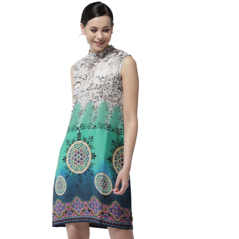 Snuggle Spot Women's Polyester Printed Sleeveless Above Knee Dress (Multicolor)