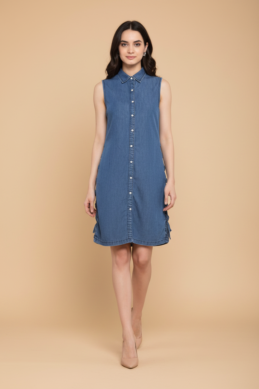 Snuggle Spot Women's Denim Solid Sleeveless Above Knee Dress (Blue)