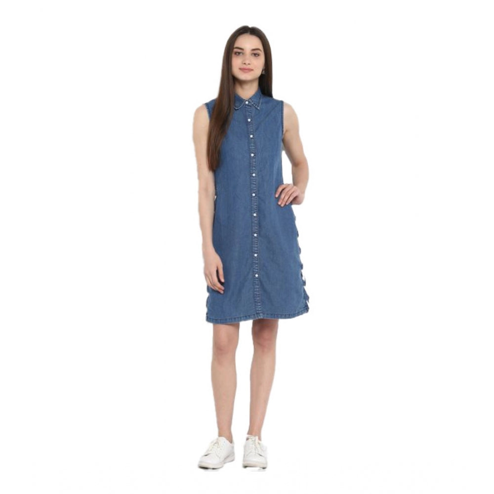 Snuggle Spot Women's Denim Solid Sleeveless Above Knee Dress (Blue)