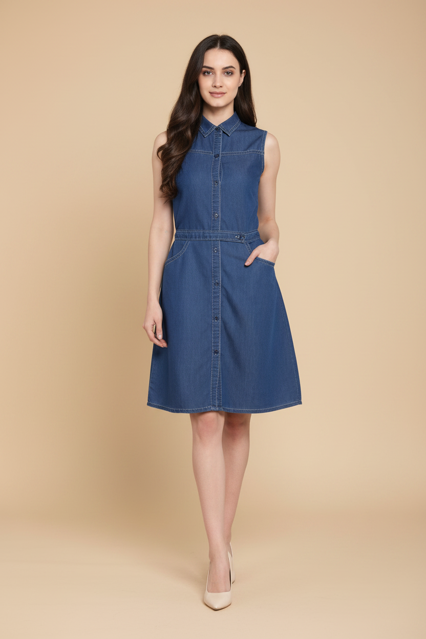 Snuggle Spot Women's Denim Solid Sleeveless Above Knee Dress (Blue)