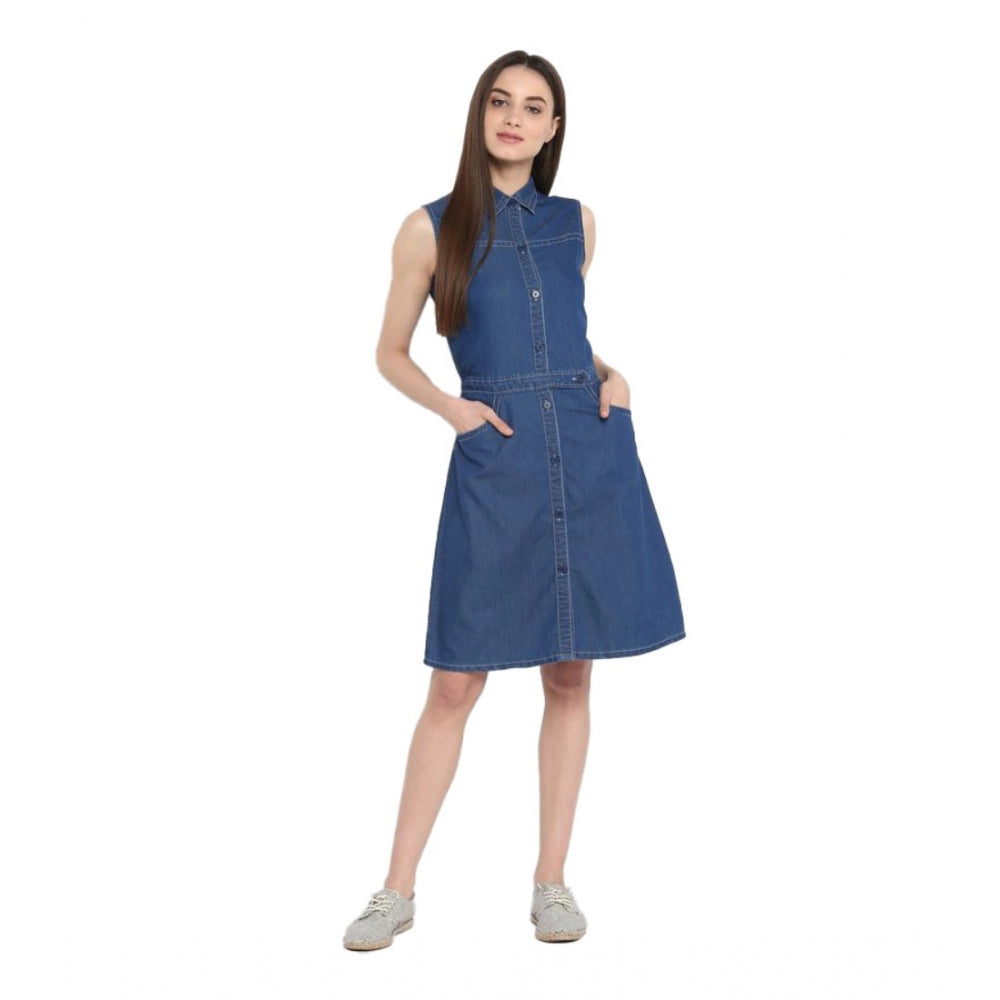 Snuggle Spot Women's Denim Solid Sleeveless Above Knee Dress (Blue)