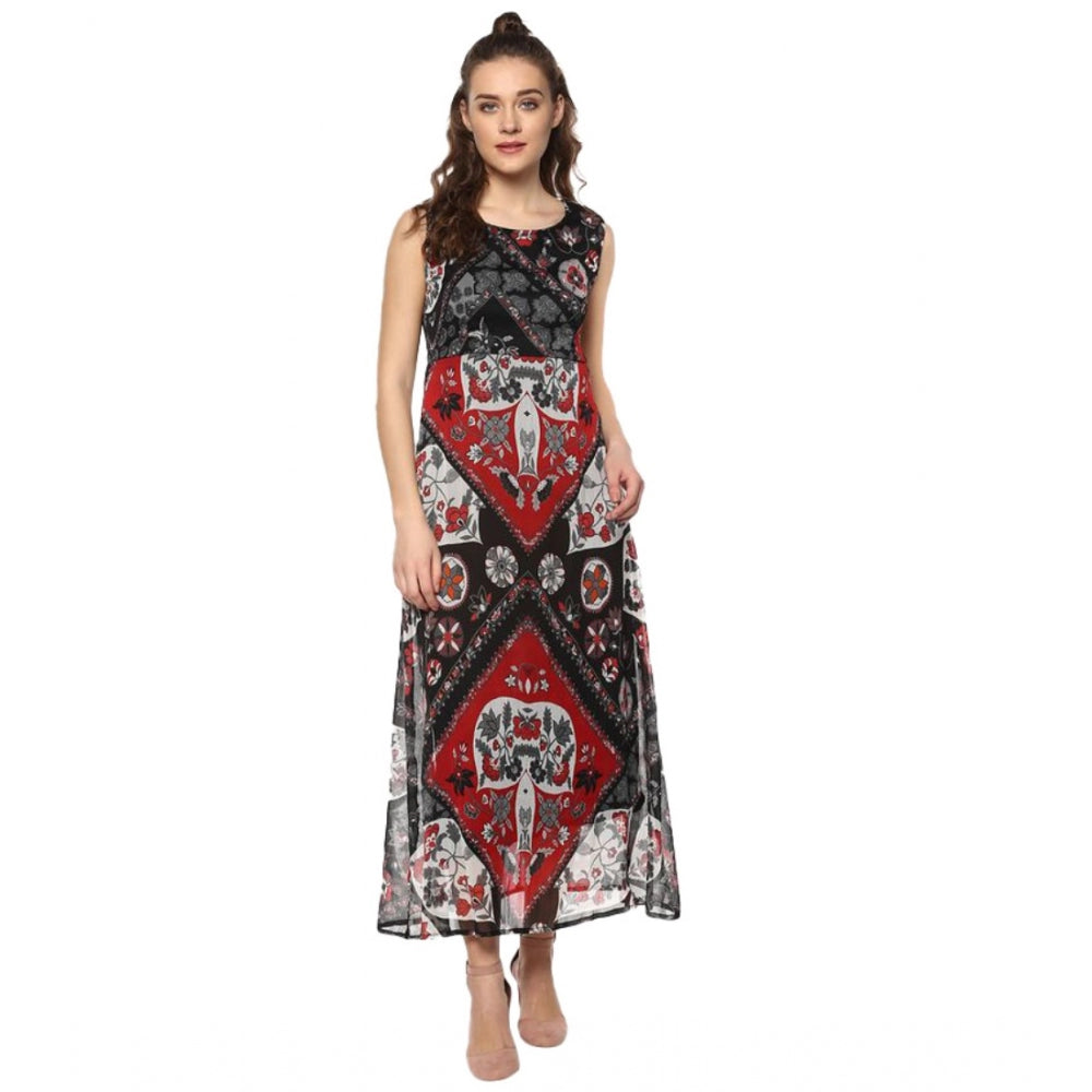 Snuggle Spot Women's Polyester Printed Sleeveless Dress (Red - Black)