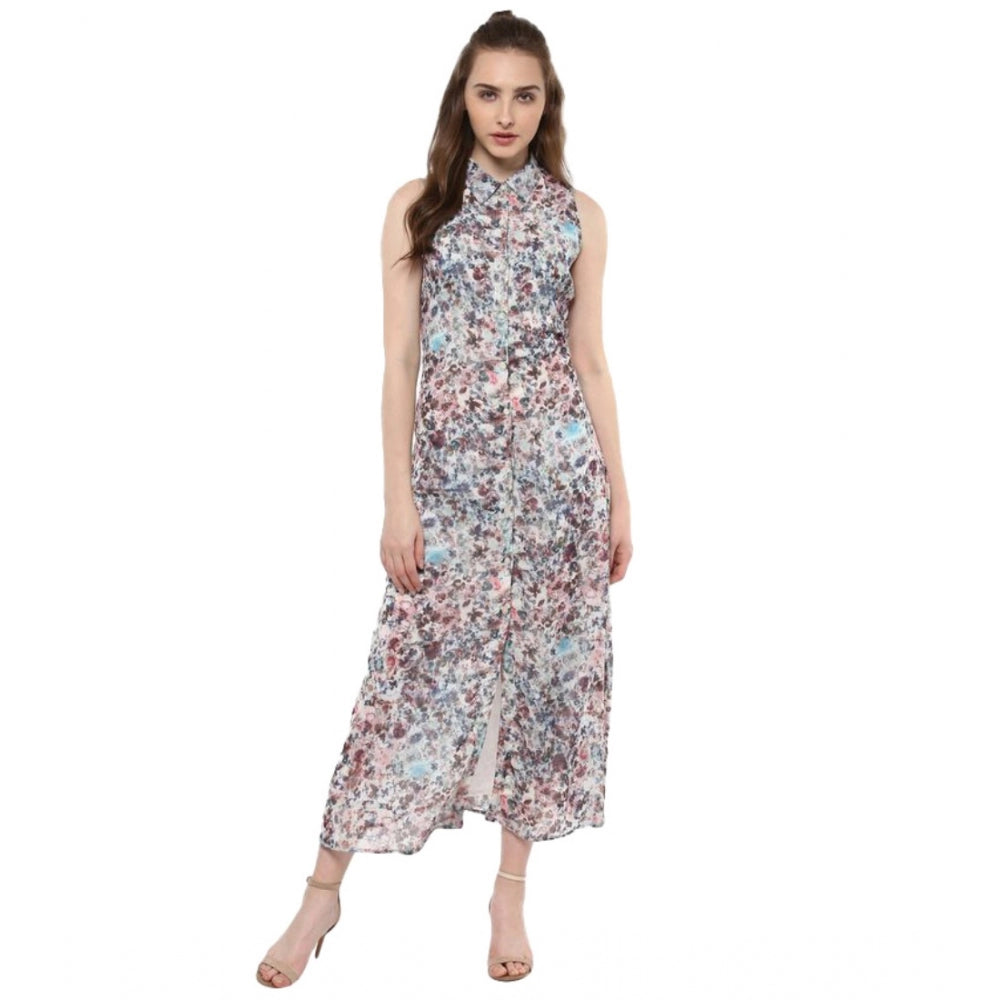 Snuggle Spot Women's Polyester Chiffon Printed Sleeveless Dress (Multicolor)