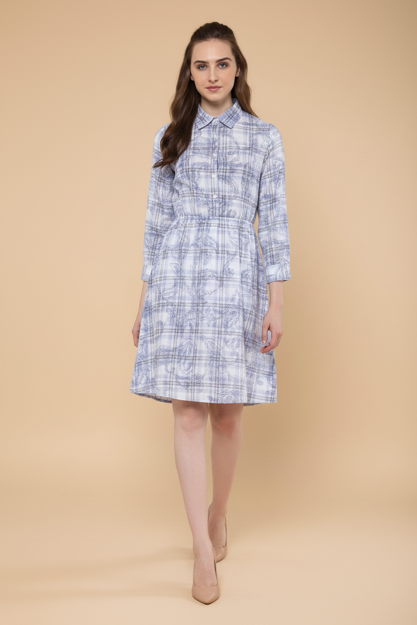 Snuggle Spot Women's Cotton Checkered Roll Up Sleeve Above Knee Dress (Blue)