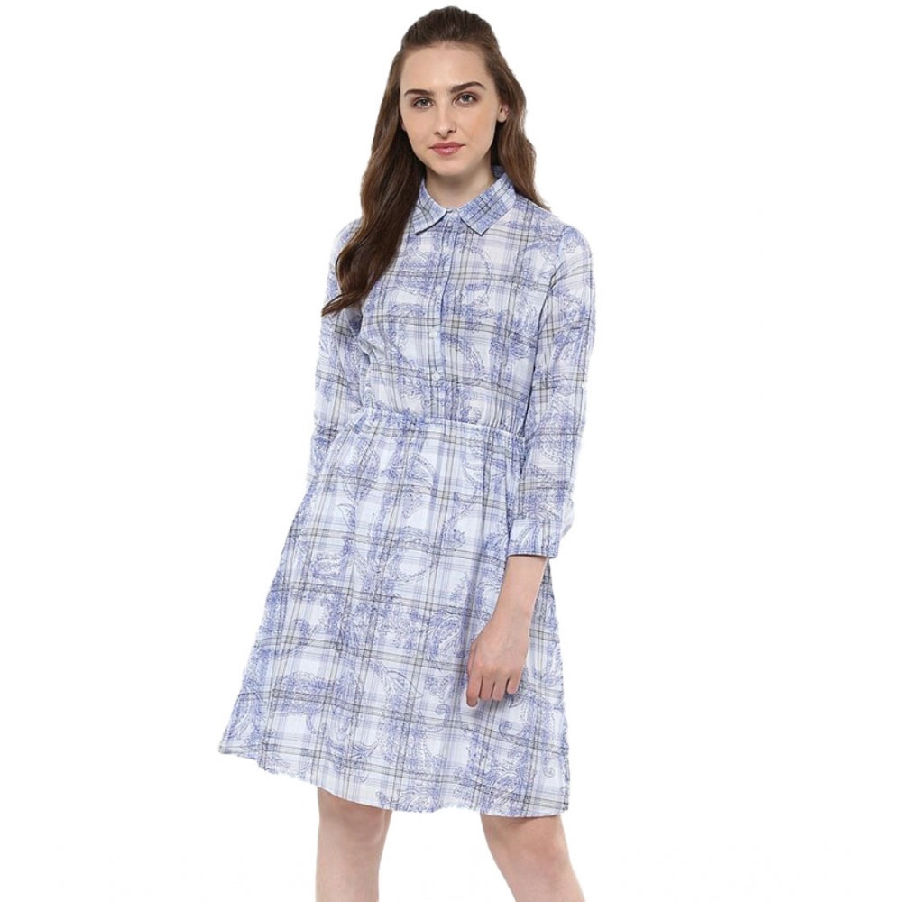 Snuggle Spot Women's Cotton Checkered Roll Up Sleeve Above Knee Dress (Blue)