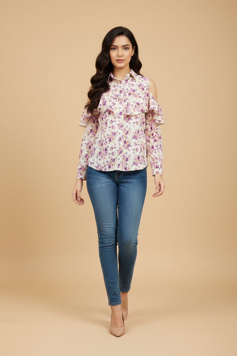 Snuggle Spot Women's Polyester Floral Cold Shoulder Standard Length Shirt (White)