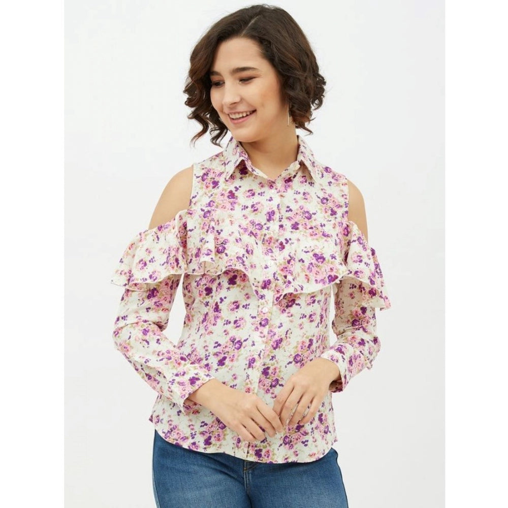 Snuggle Spot Women's Polyester Floral Cold Shoulder Standard Length Shirt (White)