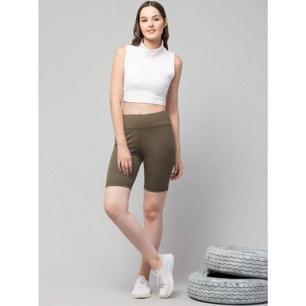 Snuggle Spot Women's Polyester Solid Above Knee High-Rise Shorts (Olive)