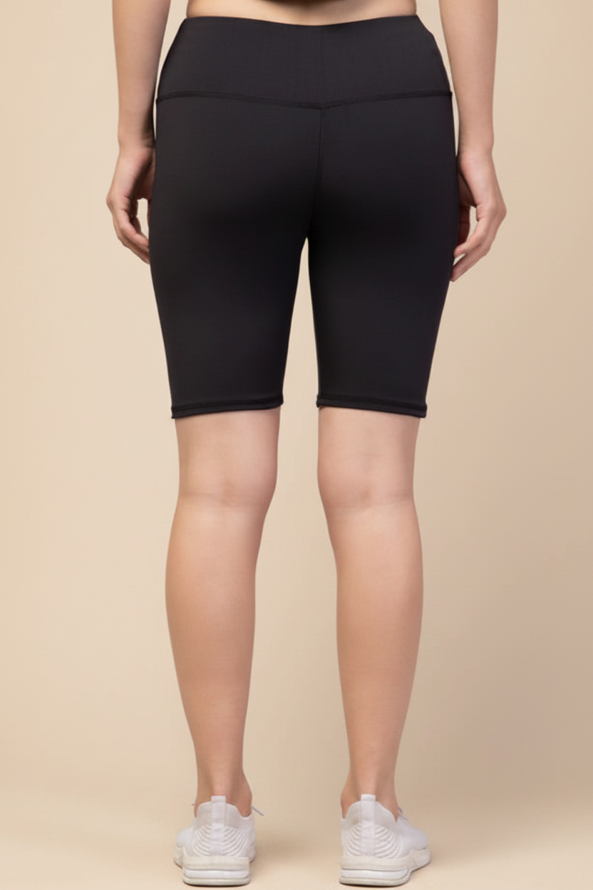 Snuggle Spot Women's Polyester Solid Above Knee High-Rise Shorts (Black)