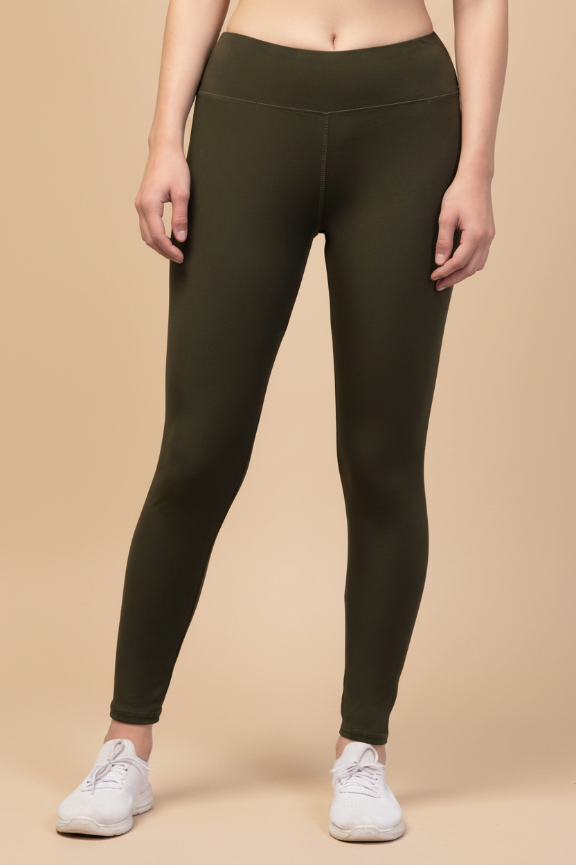 Snuggle Spot Women's Polyester Solid Ankle Length High-Rise Tights (Olive)