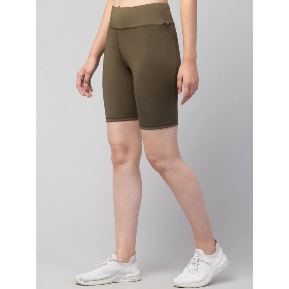 Snuggle Spot Women's Polyester Solid Above Knee High-Rise Shorts (Olive)
