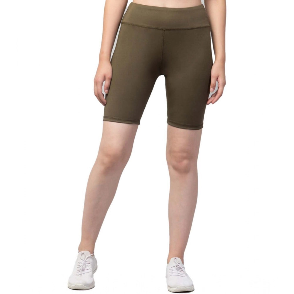 Snuggle Spot Women's Polyester Solid Above Knee High-Rise Shorts (Olive)