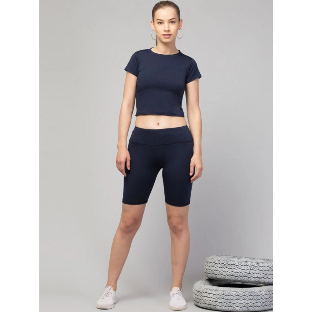 Snuggle Spot Women's Polyester Solid Above Knee High-Rise Shorts (Navy)