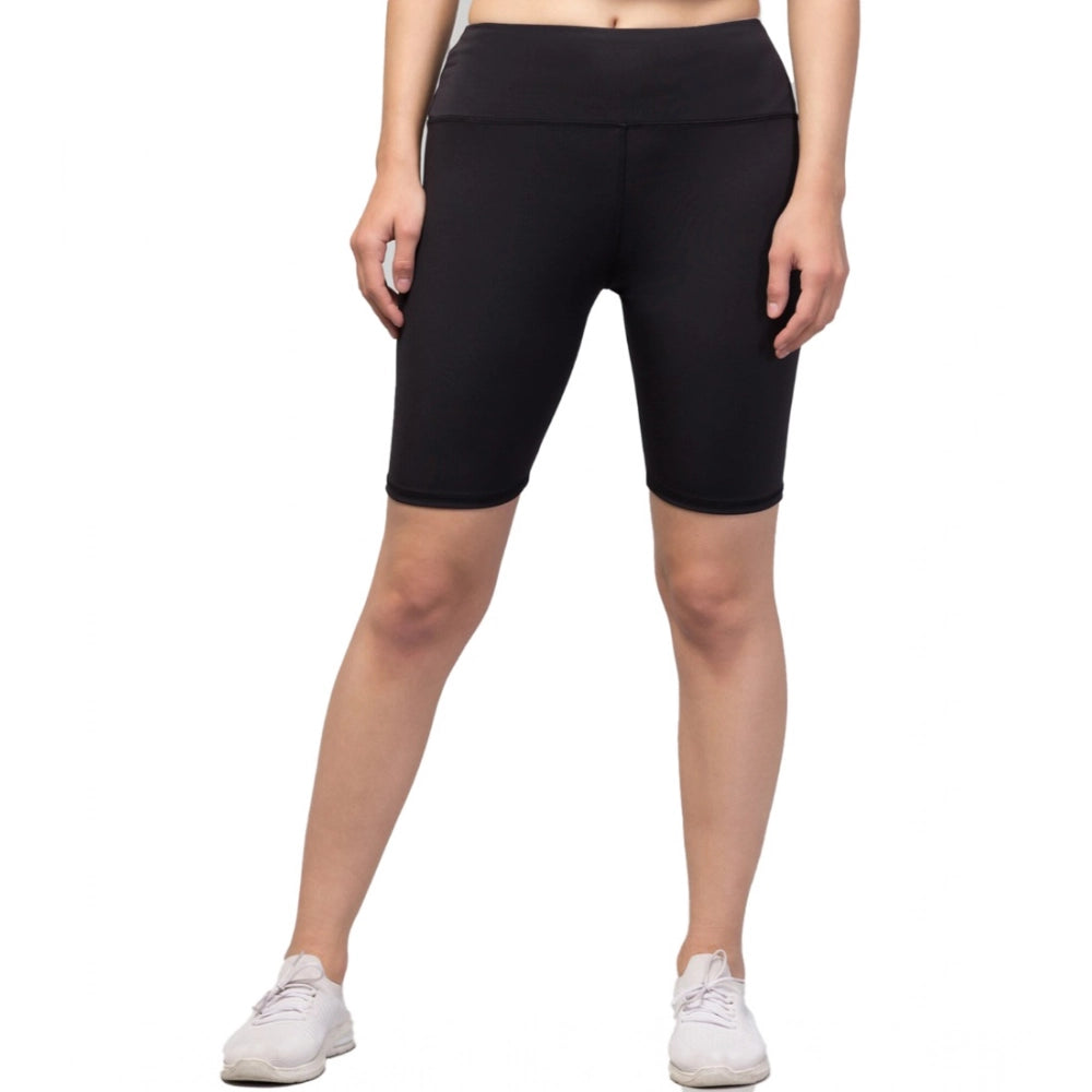 Snuggle Spot Women's Polyester Solid Above Knee High-Rise Shorts (Black)