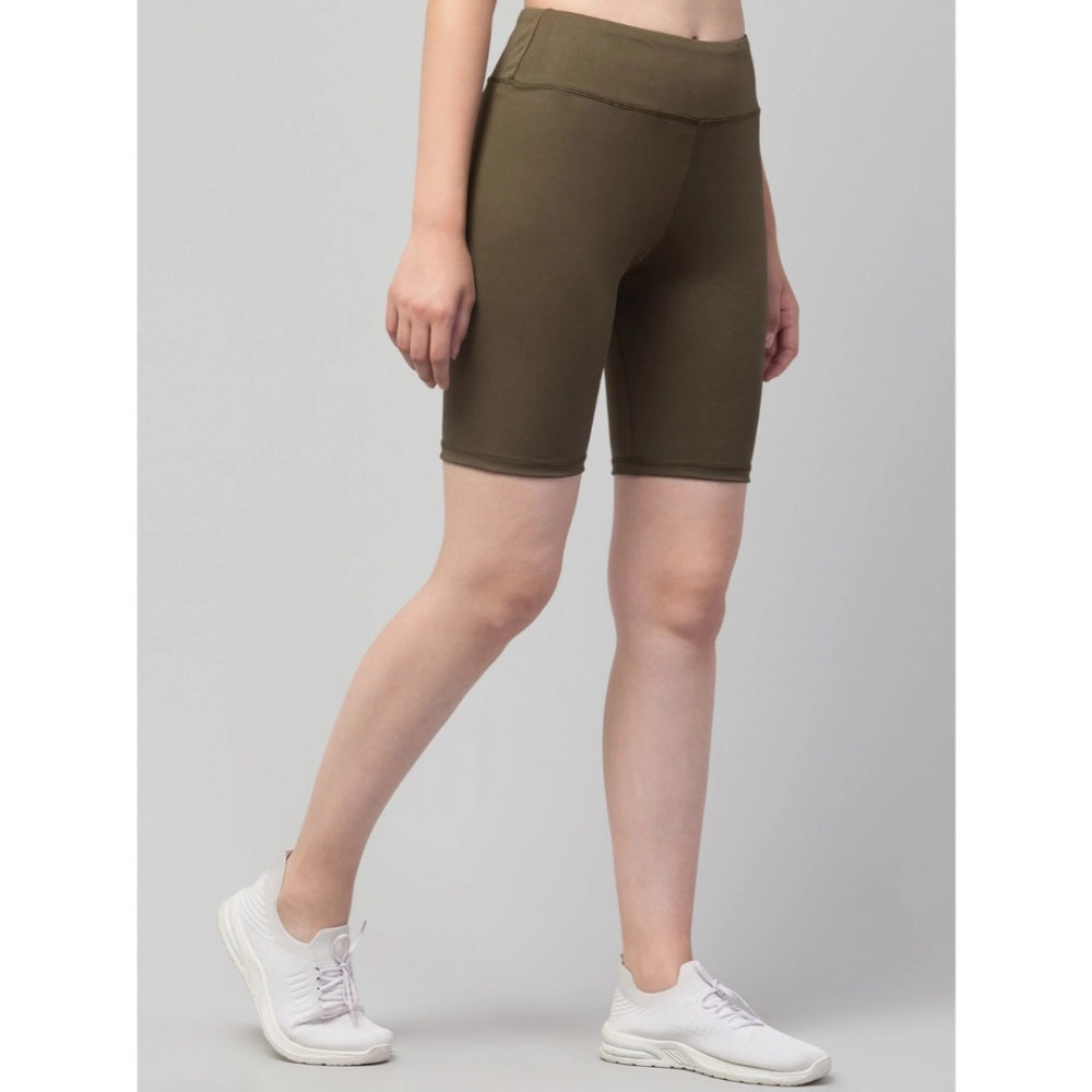 Snuggle Spot Women's Polyester Solid Above Knee High-Rise Shorts (Olive)