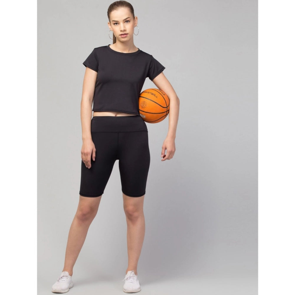 Snuggle Spot Women's Polyester Solid Above Knee High-Rise Shorts (Black)