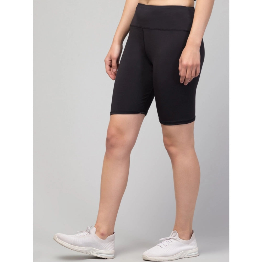 Snuggle Spot Women's Polyester Solid Above Knee High-Rise Shorts (Black)