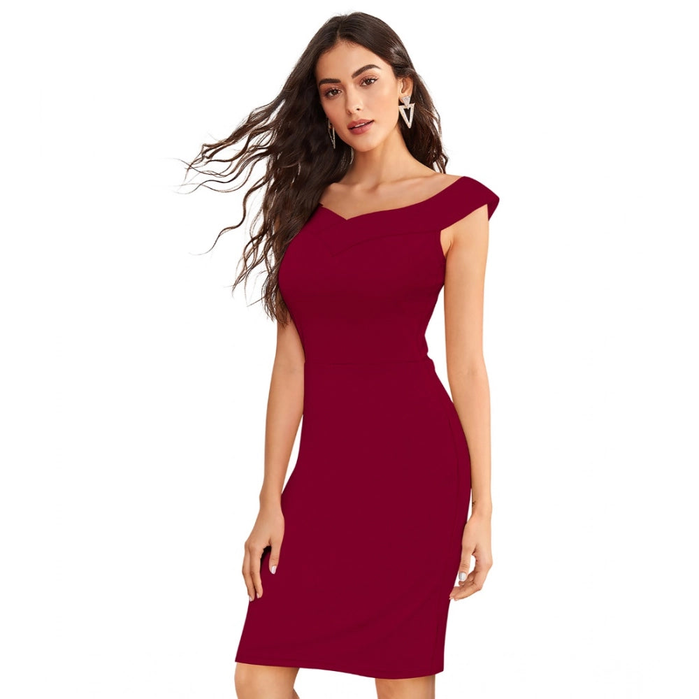 Snuggle Spot Women's Knitting stretchable Solid Round Neck Sleeveless Dress (Maroon)