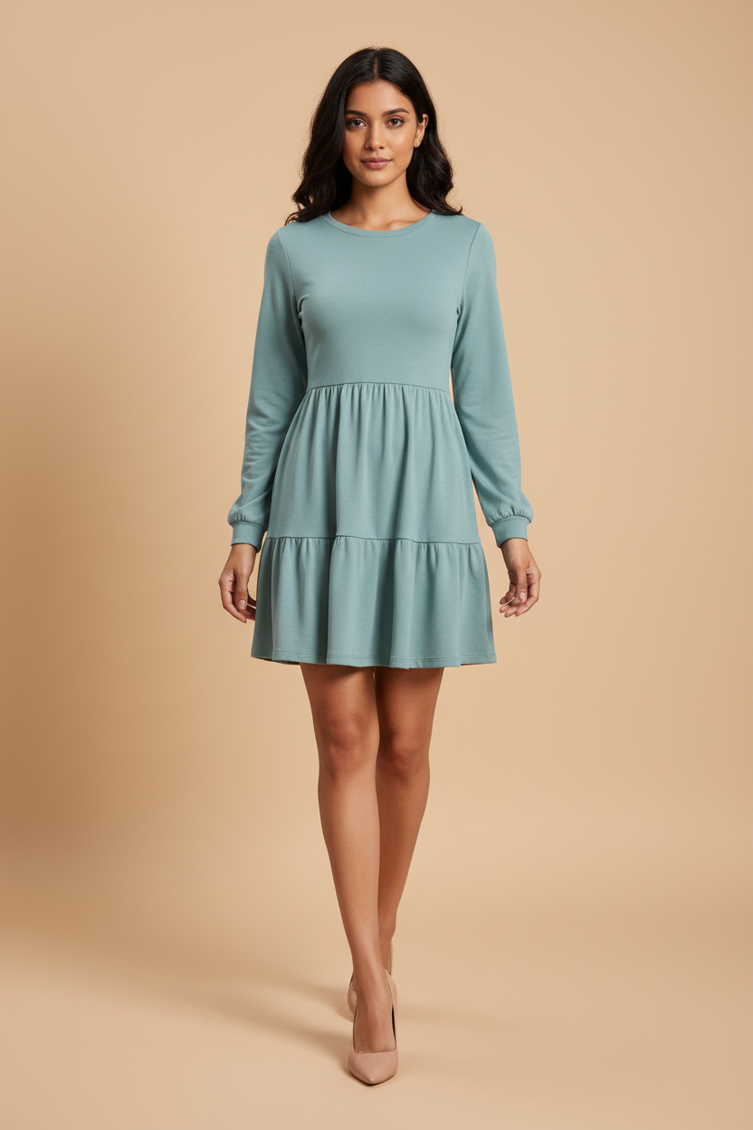 Snuggle Spot Women's Knitting stretchable Solid Round Neck Full Sleeve Dress (Pista)
