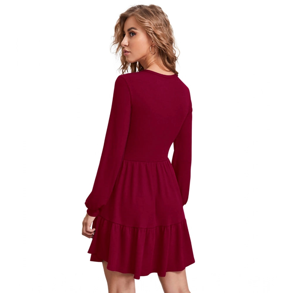 Snuggle Spot Women's Knitting stretchable Solid Round Neck Full Sleeve Dress (Maroon)