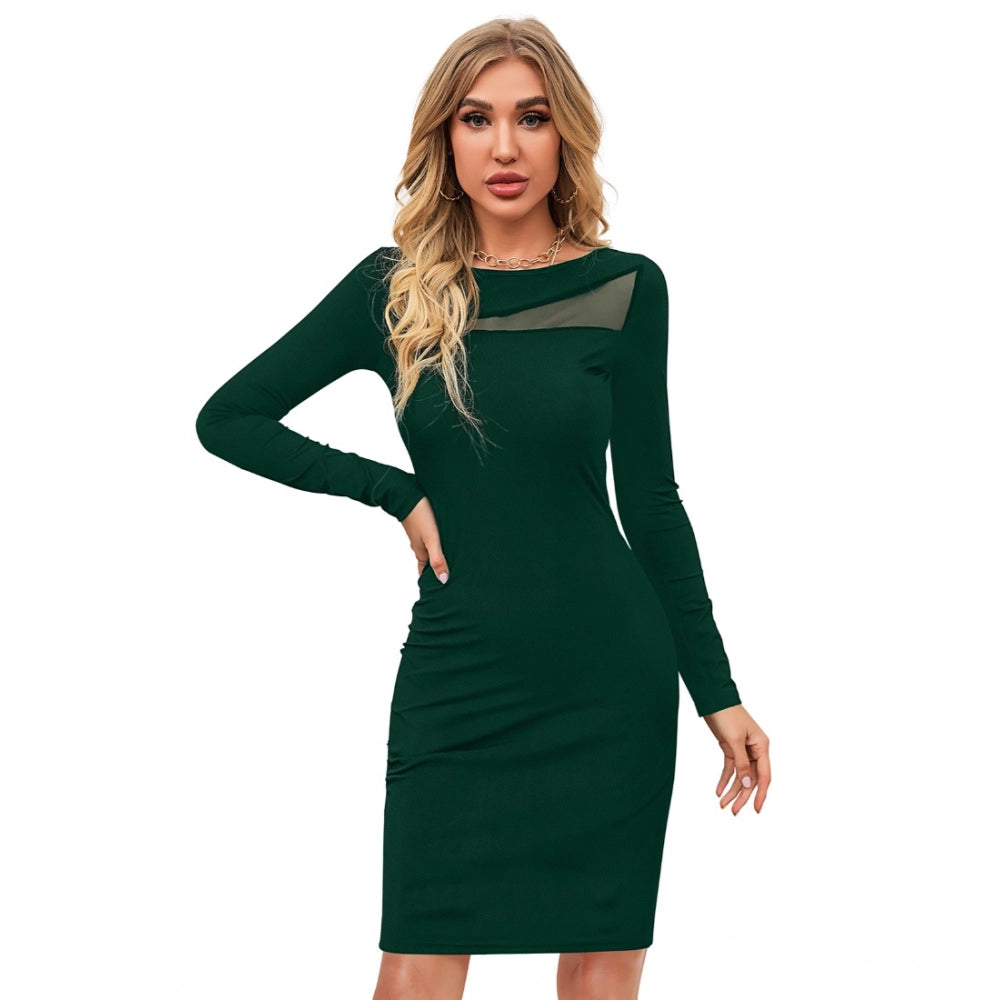 Snuggle Spot Women's Knitting stretchable Solid Round Neck Full Sleeve Dress (Green )